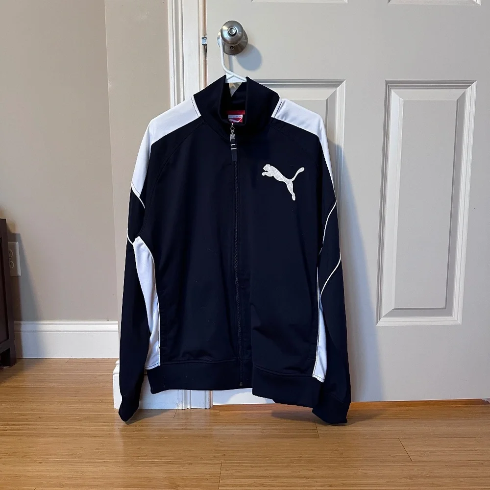 Puma Track Jacket Men's Large Navy Blue White Retro Full Zip Puma Chest Sleeve - Picture 1 of 10